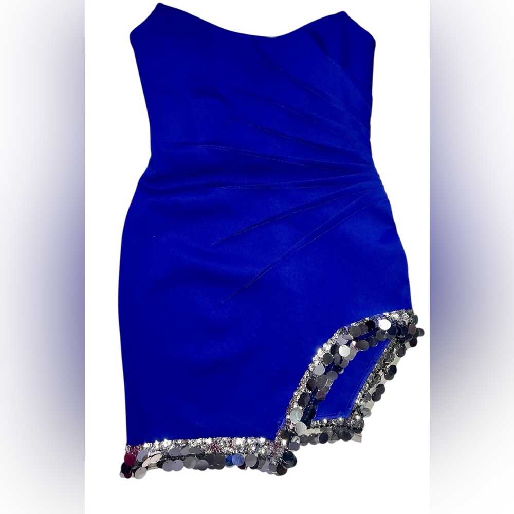 Sho by Tadashi Shoji Royal Blue strapless Asymmetrical mini Dress M NWT